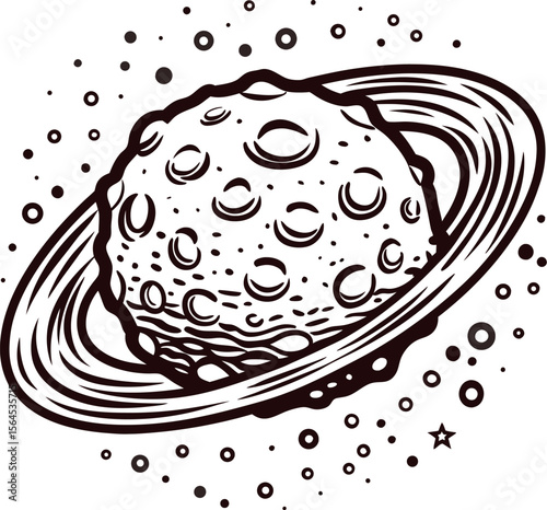 Hand drawn illustration of asteroid with ring and craters, vintage space engraving design