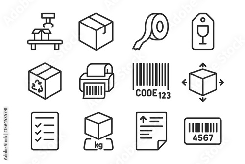 Logistics and packaging icons: automation, labels, barcodes, recycling, dimensions