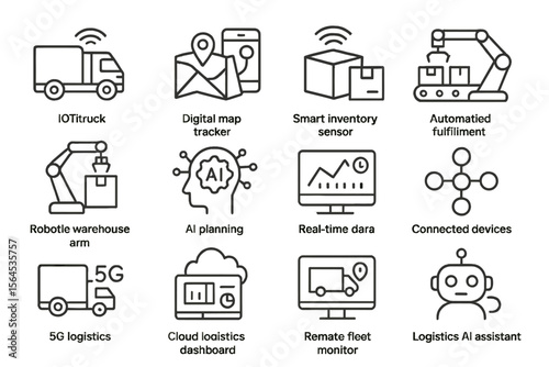 Logistics technology icons: ai, automation, cloud, iot, 5g
