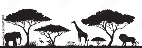 African Wildlife Silhouette with Elephant, Giraffe, Lion, and Bird under Acacia Trees