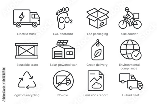 Eco-friendly logistics icons featuring sustainable transport and recycling