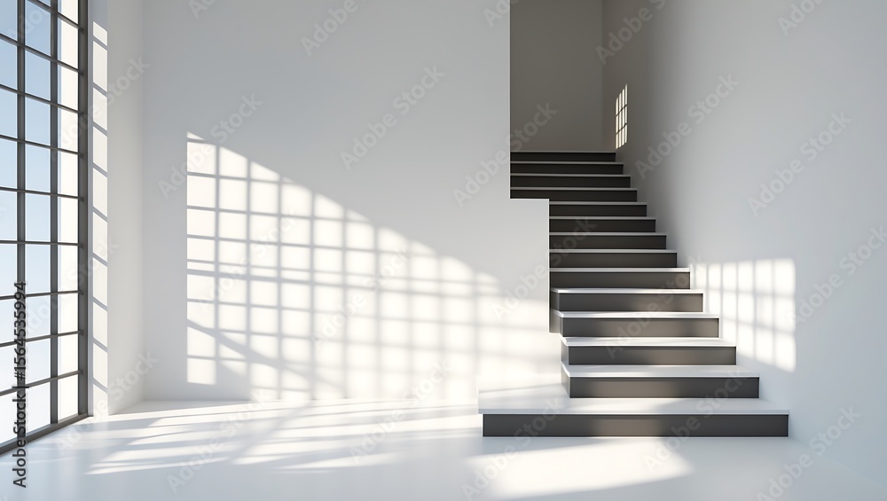 Fototapeta premium Modern minimalist interior with a staircase and large windows casting geometric shadows