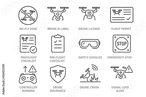 Drone safety icons: no-fly zone, id label, license, flight permit, crash alert