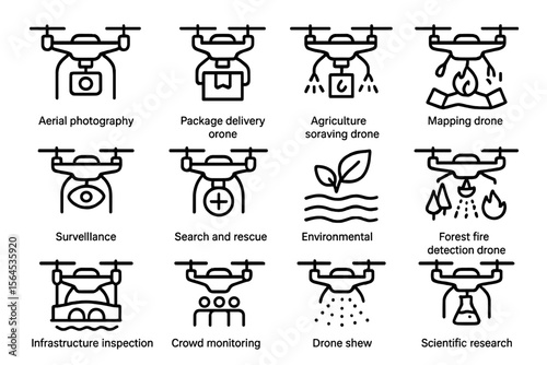 Twelve drone icons for various applications in industry and research