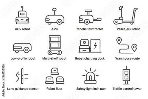 Various warehouse robots and automation icons on metallic background