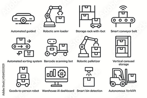 Innovative warehouse automation icons: robots, conveyor belts, storage solutions