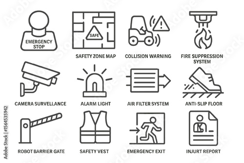 Industrial safety icons: emergency, warning, protection, control systems