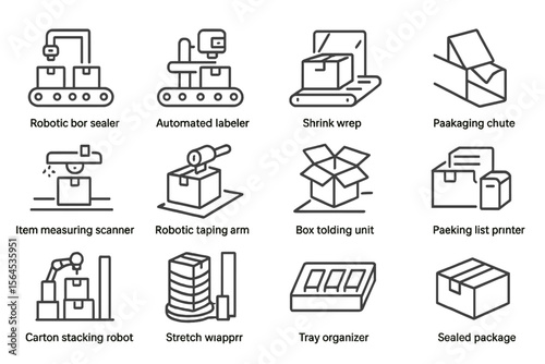 Icon set of automated packaging machine equipment for efficient industrial solutions