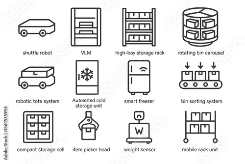 Warehouse robotics and storage systems icons set for automation solutions