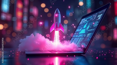 Rocket launching from laptop, digital network, startup ai generated