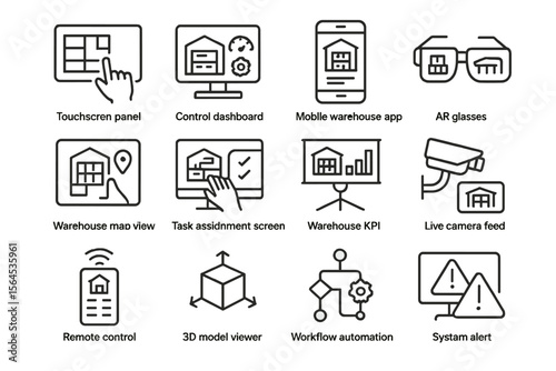 Smart warehouse technology icons for automation and monitoring systems