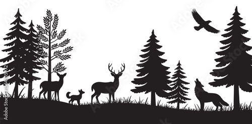 Wildlife Animals in Forest Silhouette with Deer, Wolf, and Bird, Nature and Wilderness Concept