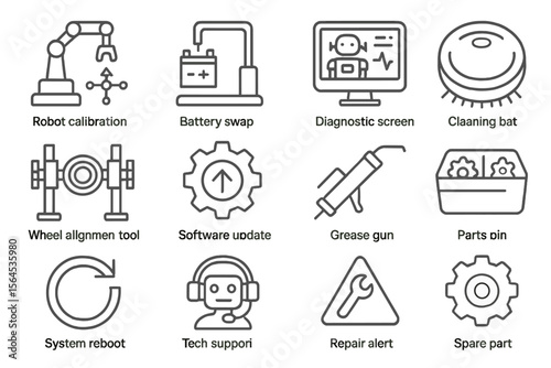 Industrial maintenance icons: robot, battery, diagnostic, calibration, repair