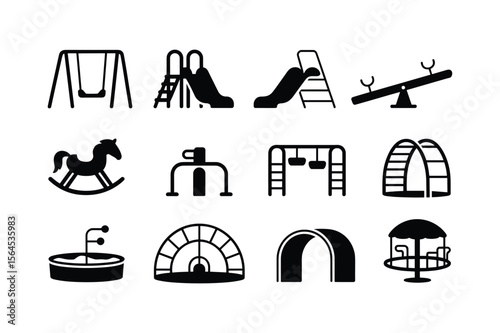 Playground equipment icons swing slide seesaw rocking horse tunnel vector