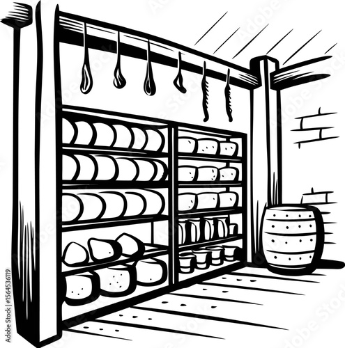 Aged cheese wheels and wedges arranged on wooden shelves in traditional cellar with hanging hooks and barrel illustration