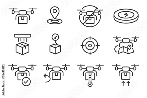 Drone delivery icons set indicating location, package handling, and navigation