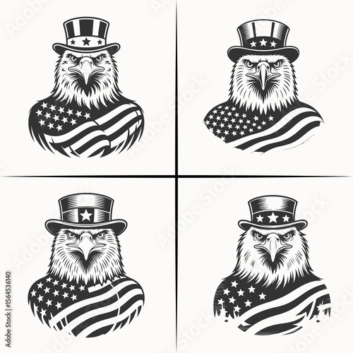Set of Patriotic Eagle Illustrations with Uncle Sam Hats and American Flags for National Pride and Independence Themes