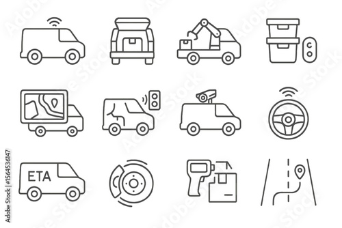 Autonomous vehicle technology icons: navigation, safety, connectivity