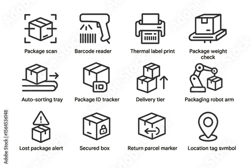 Logistics technology icons for package tracking and sorting systems