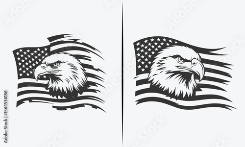 Black and White Eagle Head with American Flag Design for Patriotic, National, and Military Themes