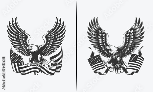 Black and White Eagle with American Flags for Patriotic, Military, and National Pride Designs