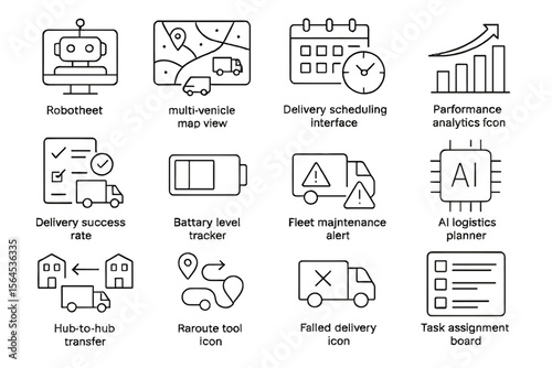 Logistics and delivery interface icons for fleet management and analytics