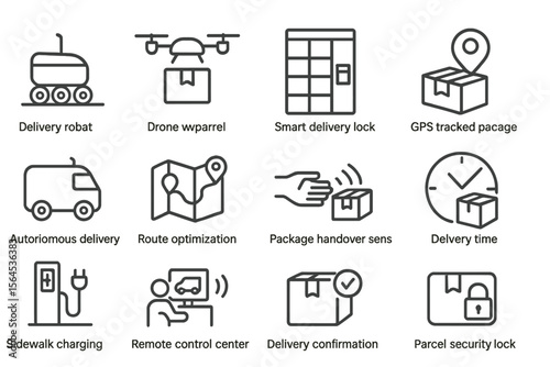 Autonomous delivery technology icons with drones and robots