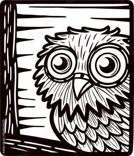 Hand drawn owl in wooden box vintage engraved illustration with big eyes and feather detail
