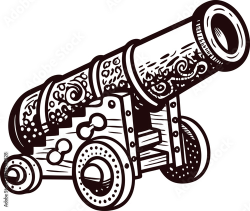 Hand drawn ornate antique cannon illustration with intricate engraving and wooden wheels on white background