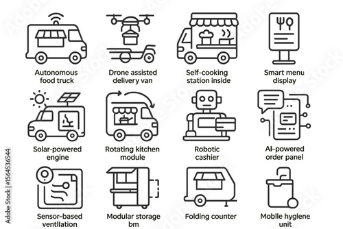 Futuristic food delivery and kitchen concepts with advanced technology icons
