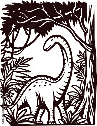 Illustration of a sauropod dinosaur in prehistoric forest with foliage and trees in vintage engraving
