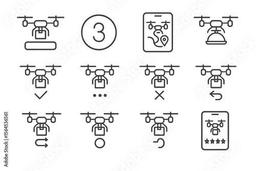 Drone delivery icons: navigation, return, confirmation, and rating symbols