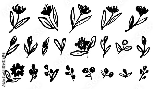 手書き風の花のイラストセット　ベクター黒