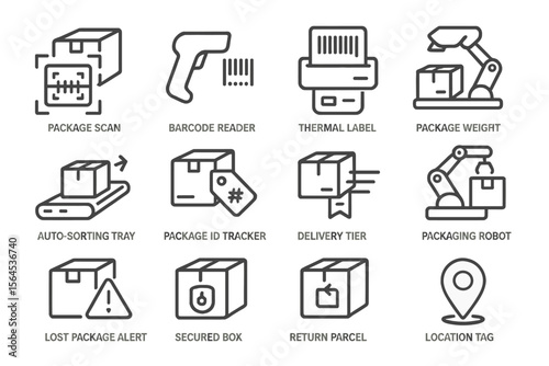 Logistics and package management icons: barcode scanner, tracker, delivery robot