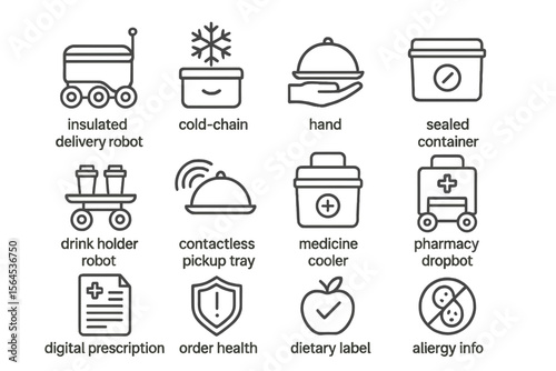 Innovative cold-chain delivery robots and smart health solutions icons