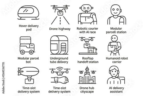 Futuristic autonomous delivery icons featuring robots, drones, and ai technology