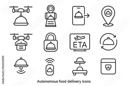 Autonomous food delivery icons set with drones and maps
