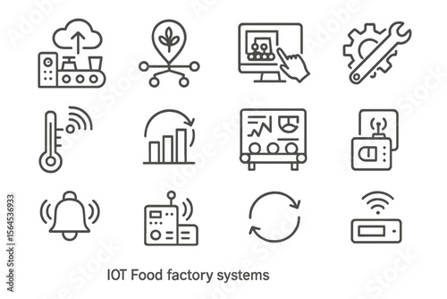Iot food factory systems with automation and efficiency icons