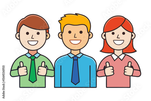 Three smiling cartoon people in business attire giving thumbs up gestures indicating approval and positivity