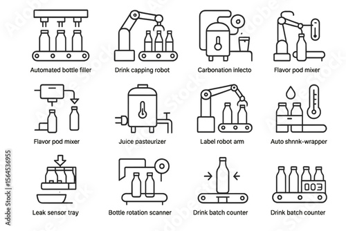 Industrial robotics and automation icons for beverage production and packaging