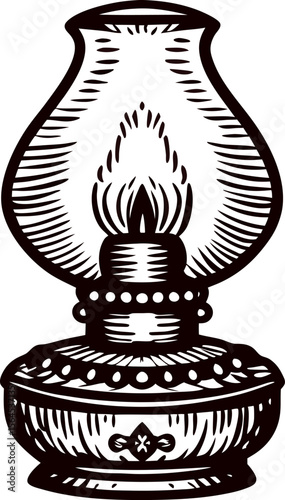 Hand drawn vintage kerosene oil lamp with ornate details and burning flame, isolated on white background