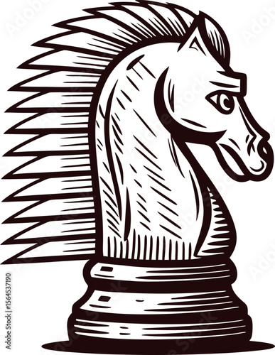 Vintage engraved sketch of a chess knight horse piece with stylized mane in black and white