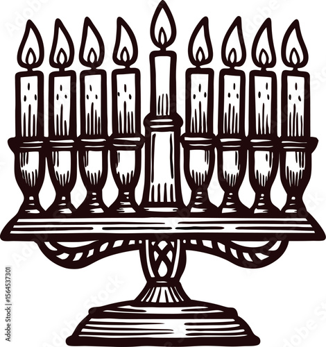 Hand drawn menorah with nine burning candles isolated on white background engraved vintage jewish holiday illustration