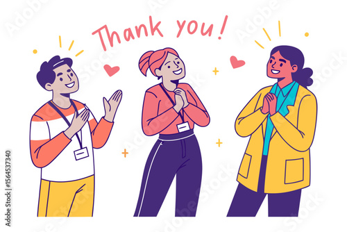 Three diverse individuals expressing gratitude and appreciation with happy faces and clasped hands celebrating a moment of thanks
