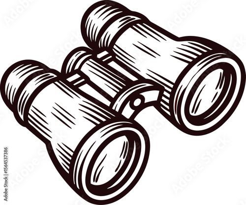 Vintage hand drawn illustration of classic binoculars isolated on white background with engraved sketch details