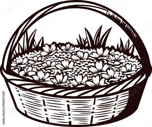 hand drawn wicker basket filled with delicate wildflowers and leaves isolated on white background illustration