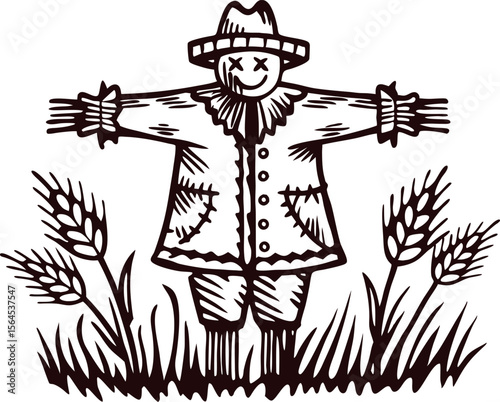 Hand drawn vintage scarecrow in field with ripe wheat stems, rustic sketch illustration, farm harvest symbol