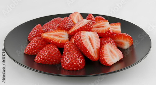 Fresh Strawberry Slices on Black Plate White background