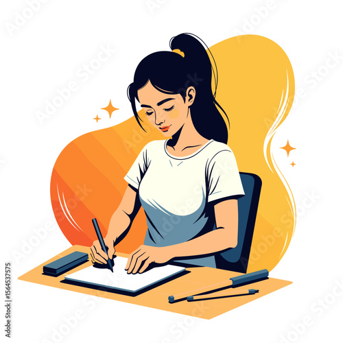 Young woman focused on drawing in a creative workspace with bright background