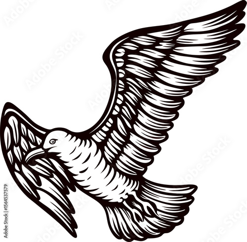 Hand drawn flying seagull vintage engraving isolated on white background